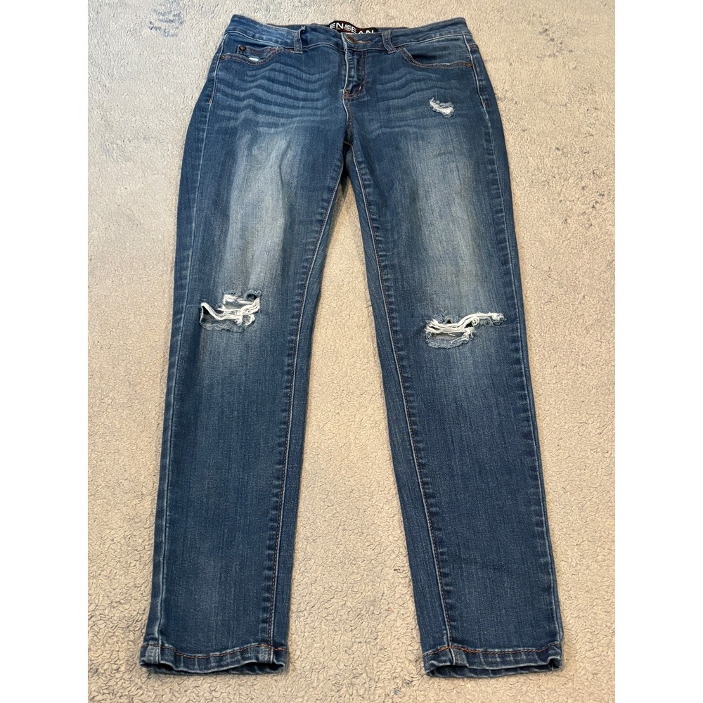 Enjean Distressed Skinny Jeans Womens 7 Dark Wash Denim Ripped Knee EP3061